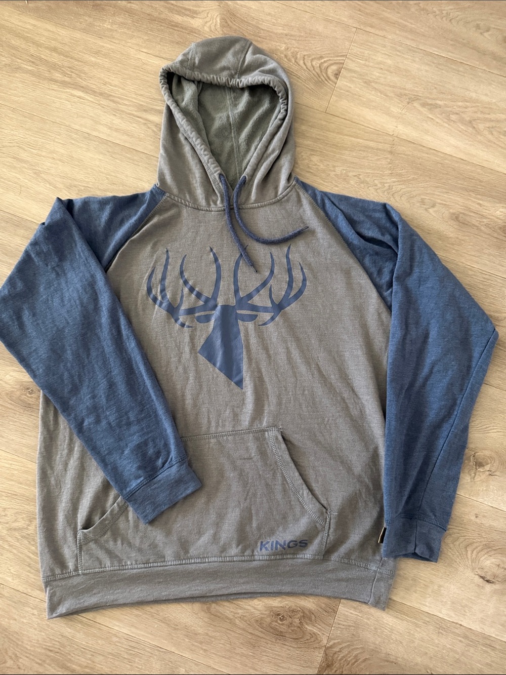 Men's Kings Camo Gray Hoodie with Blue Raglan Sleeves and Deer Graphic